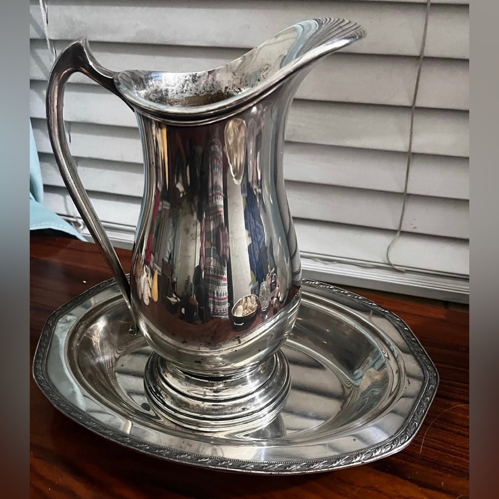 Sheffield Silver Co Pitcher with FBR of Taunton Mass Silver over copper Platter